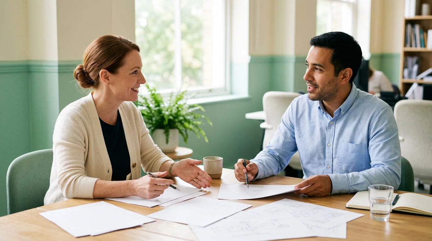Zwei Personen im Gespräch über Versicherungsunterlagen am Tisch, 1200x900 px
