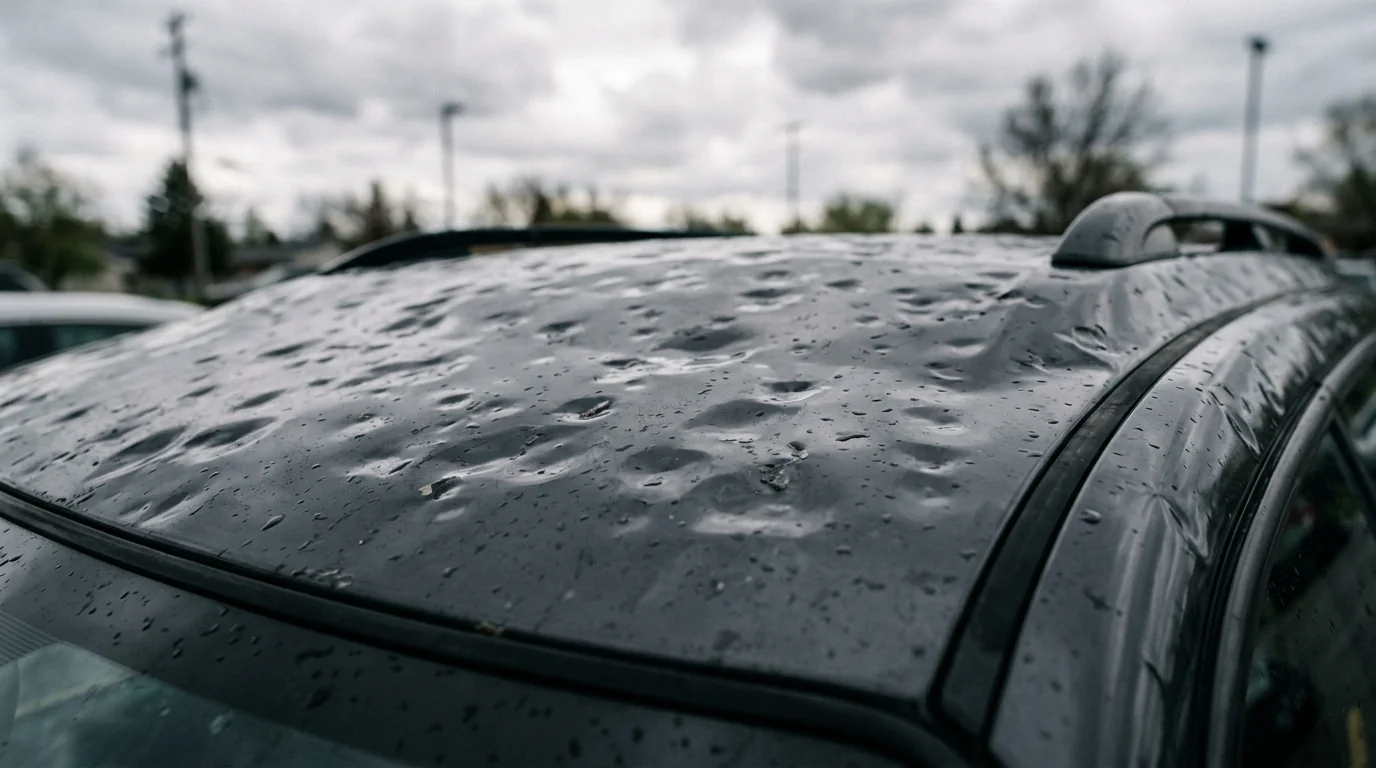 Hagelschaden an Autodach, dokumentarisch, 1200x720 px, Thema Teilkasko