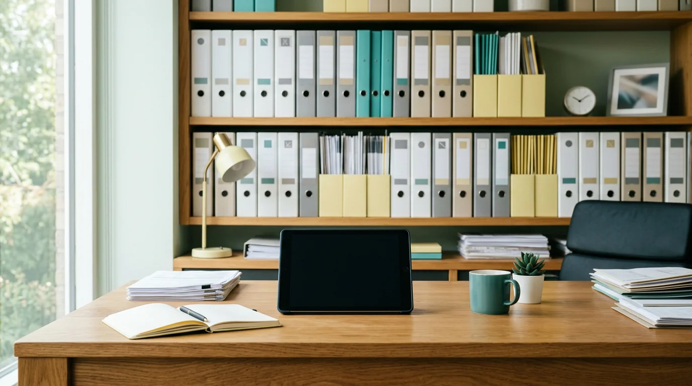 Regal mit Ordnern und Tablet für Recherche zu Kfz-Versicherung, 1920x1080 px
