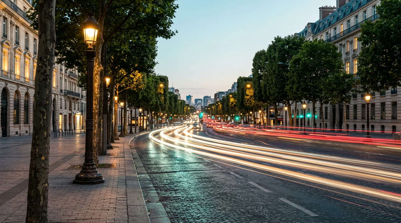Abendliche Stadtstraße mit Lichtspuren, 1920x1080 px, Hintergrund für Kfz-Versicherung und Fahrsicherheit